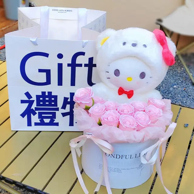 Cherish the kawaii Hello Kitty Cinnamoroll Plush Rose Bouquet, perfect for gifting. Soft, premium quality for special occasions and Hello Kitty fans