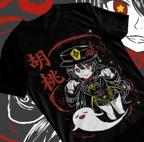 Here at Everythinganimee we have only the best anime merch! Free Global Shipping.
Step into the world of Genshin Impact with this eye-catching Hu Tao T-shirt, featuring the enigmatic 77th Director of the Wangsheng Funeral Parlor.