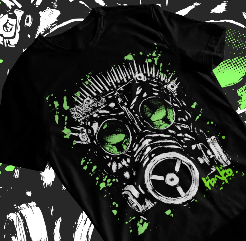 Here at Everythinganimee we only have the best shirts in the world! Dive into the chaotic and gritty world of Dorohedoro with this high-quality Ebisu shirt, featuring a bold design that encapsulates the eerie allure of the character’s iconic gas mask. Splattered with vivid green accents against a stark black background,