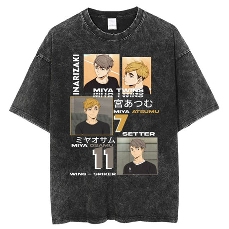 Anime Haikyuu Acid Washed Cotton T-shirts Vintage Black Men's Clothing Hip Hop Streetwear Harajuku Shirts Unisex Tops Tees, everythinganimee