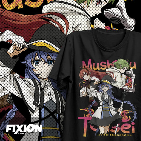 Here at Everythinganimee we have the best anime shirts in the world.
Embark on a journey through the fantasy world of Mushoku Tensei with this Adventurers Trio Tee, featuring the iconic characters Rudeus, Eris, and Roxy in action-packed poses.