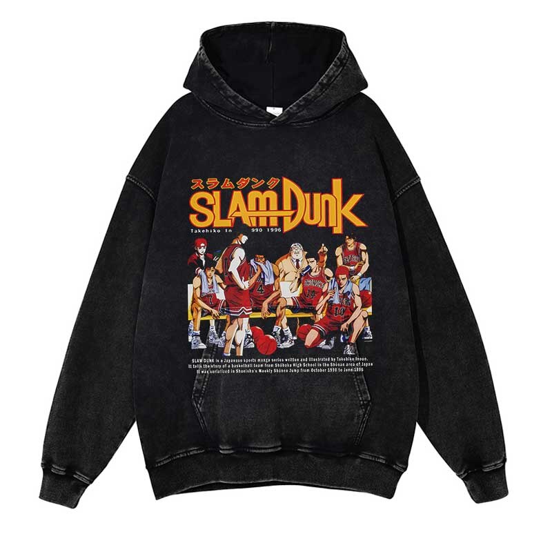 Slam Dunk Washed Black Streetwear Cotton Vintage Hoodie