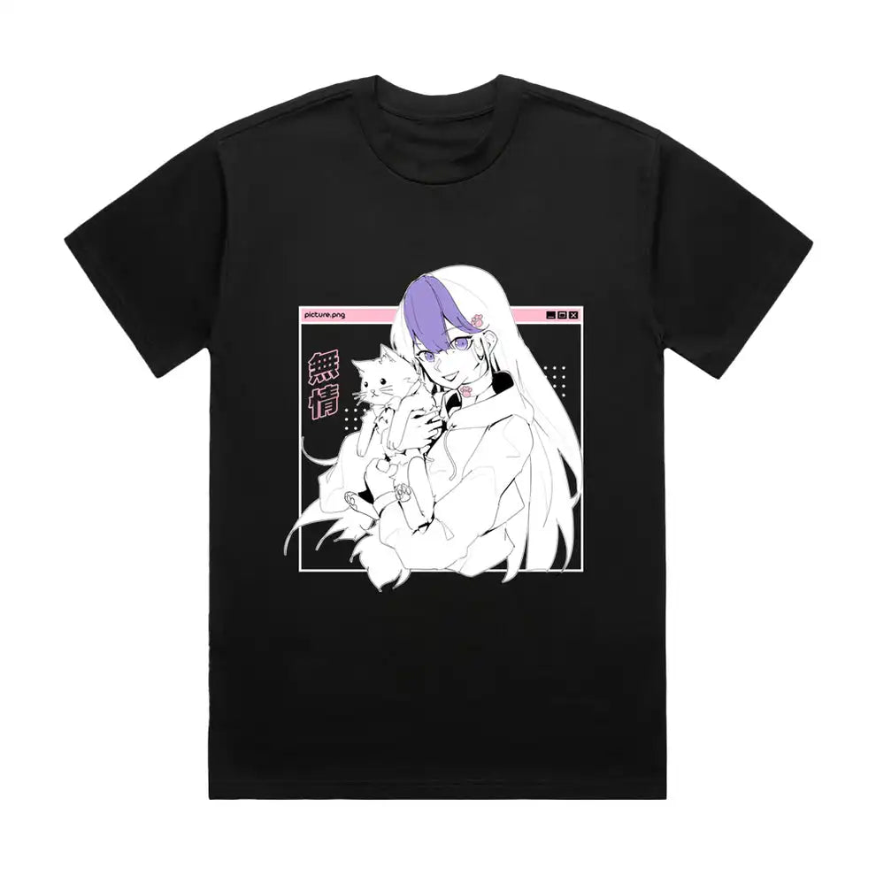 Here at Everythinganimee we only have the best shirts in the world! Capture the calm and charismatic energy of Rue, the beloved VTuber, with this adorable tee featuring Rue and her feline companion. The soft design contrasts playful details with minimalistic elegance, making it a perfect fit for any VTuber fan.