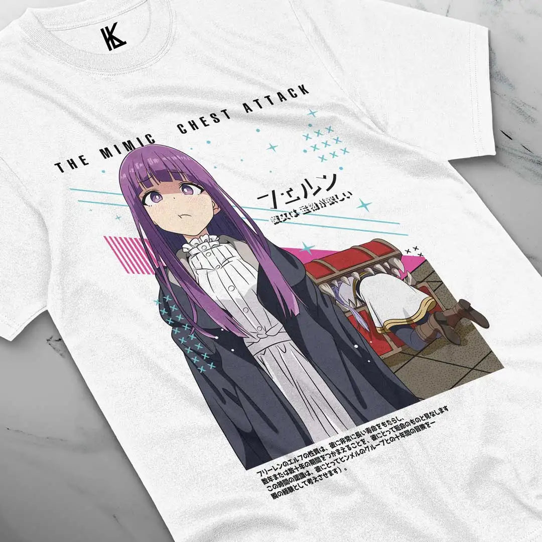 This tee captures the magic of Frieren. If you're looking for more Frieren Mimic Chest merch, we have it all! Check out our anime merch now—free shipping!