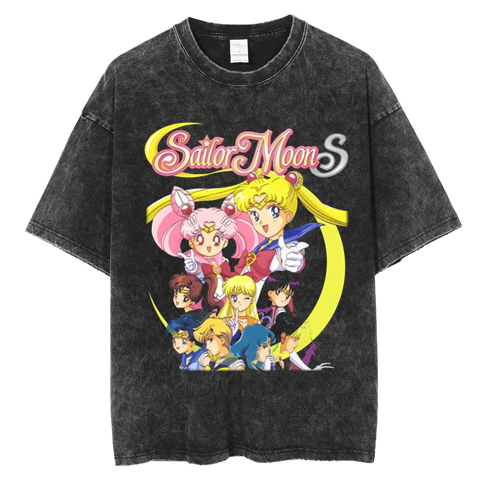 Men Hip Hop Streetwear Black T-Shirt Japanese Anime Sailor Moon Vintage T Shirt Summer Harajuku Cotton Tshirt Short Sleeve Tops, everythinganimee