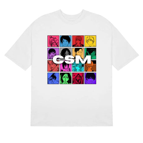 Here at Everythinganimee we have the best anime shirts in the world.
Celebrate the entire cast of Chainsaw Man with this vibrant, colorful tee! Featuring a grid of iconic characters in bold colors, this shirt is perfect for showing off your love for the series in style.