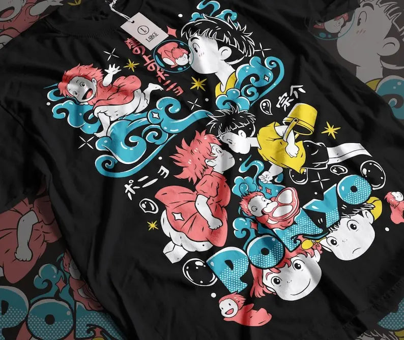 Here at Everythinganimee we only have the best shirts in the world! This vibrant tee captures the whimsical charm of Ponyo and Sosuke from the beloved anime movie "Ponyo." Featuring bold colors and a playful design, this shirt celebrates the enchanting underwater adventures and heartfelt bond between the two characters.