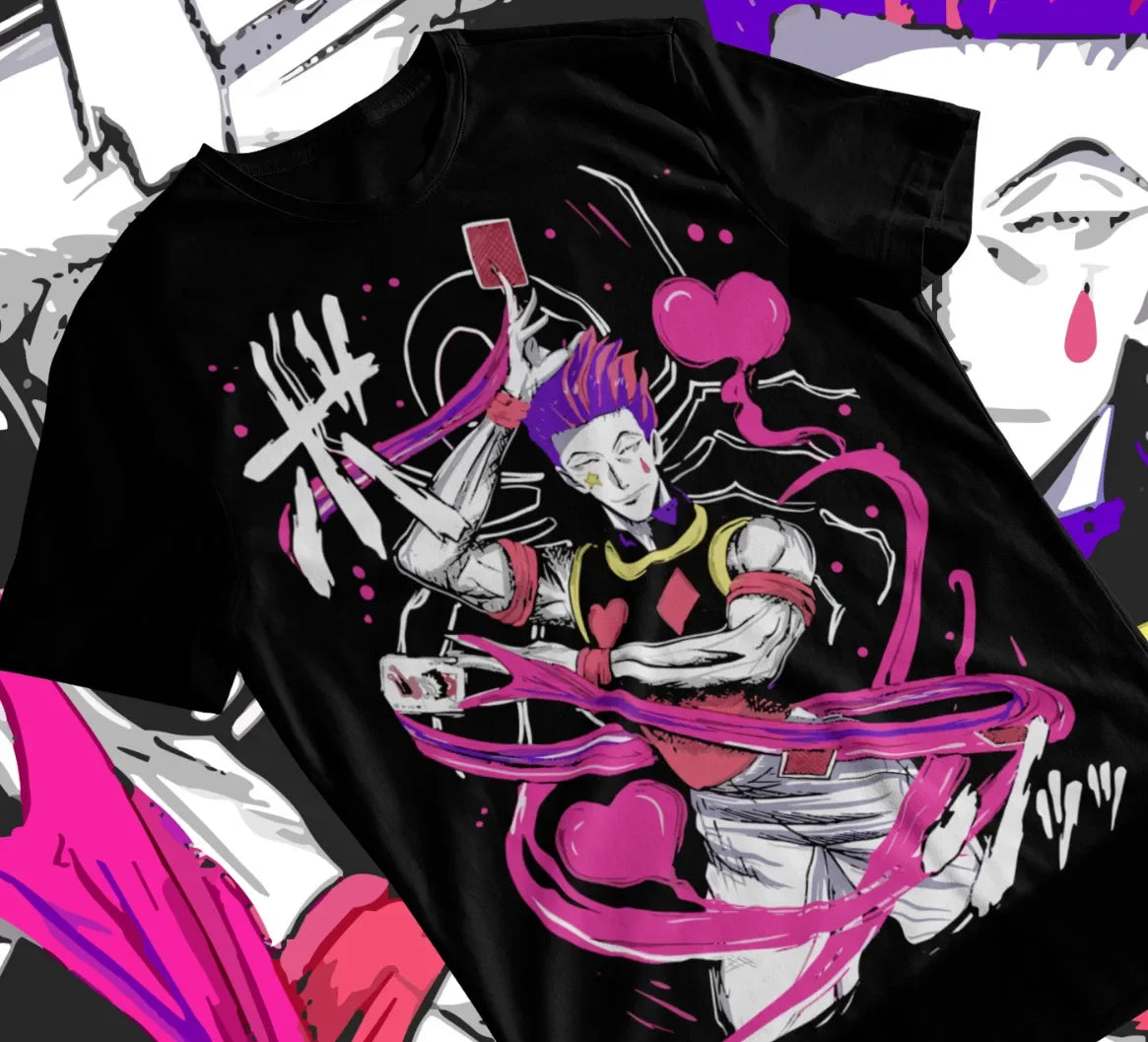 Here at Everythinganimee we have the best anime shirts in the world. Channel the enigmatic energy of Hisoka with this dynamic Hunter X Hunter t-shirt, perfect for fans who appreciate the art of mystery and power.