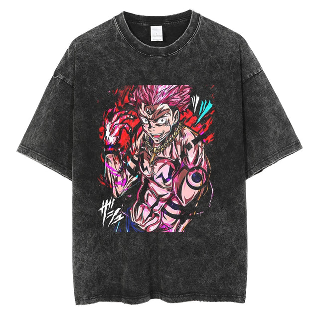 Anime Jujutsu Kaisen Washed Black Tshirt Men Streetwear Hip Hop Graphic T-Shirts Harajuku Summer Casual 100% Cotton Tops Tees, everythinganimee