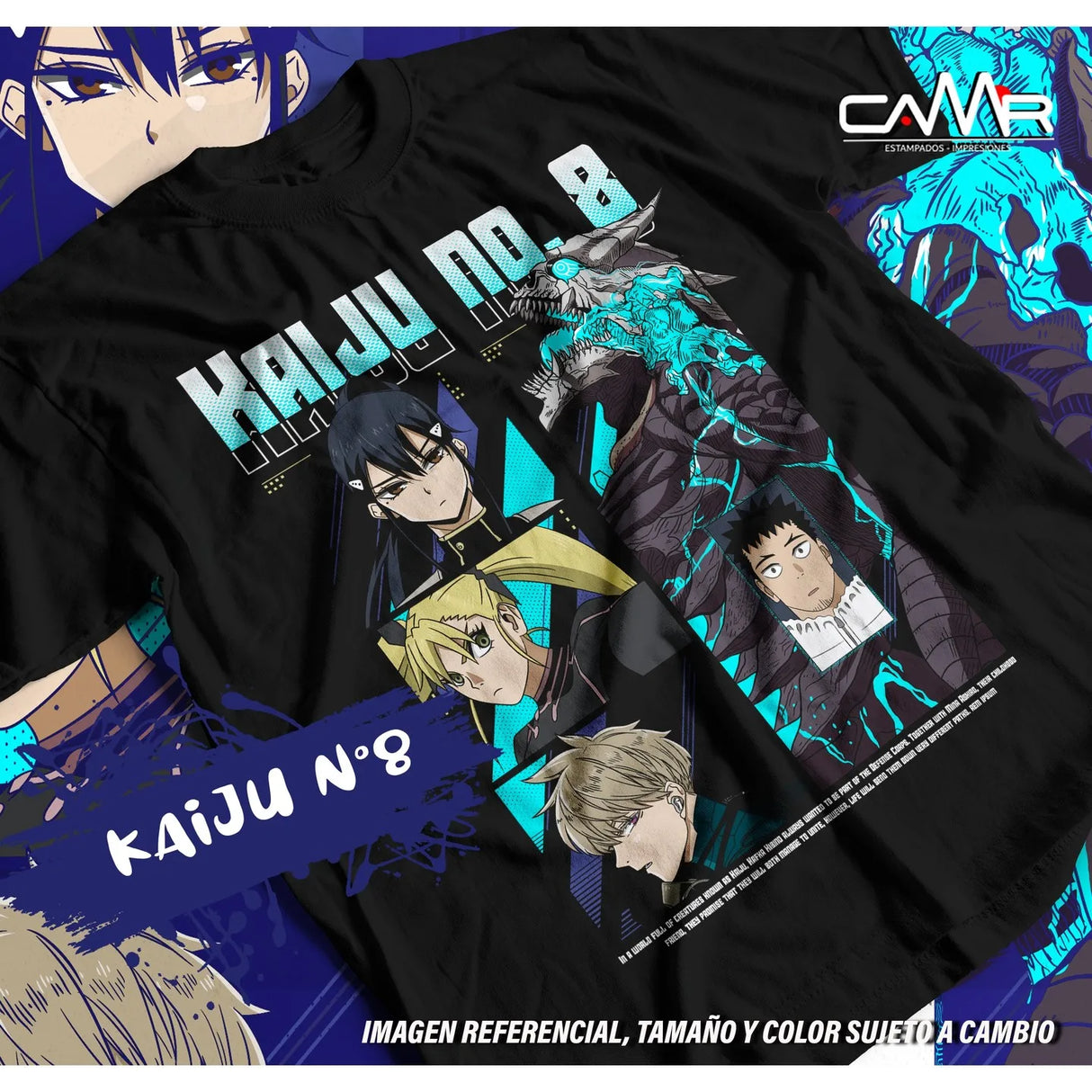 Here at Everythinganimee we only have the best shirts in the world! Enter the battlefield with the Kaiju No. 8 Elite Squad Tee, featuring Kafka Hibino, Soshiro Hoshina, Mina Ashiro, Kikoru Shinomiya, and Reno Ichikawa. This dynamic design captures the fierce determination of the Defense Force’s finest as they stand against the monstrous threat of Kaiju.