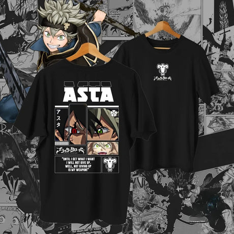 Here at Everythinganimee we have the best anime shirts in the world.
Power up your wardrobe with this epic Asta tee from Black Clover. Featuring Asta in a bold and dynamic design with his signature determination quote, this shirt is perfect for those who resonate with his unyielding spirit.