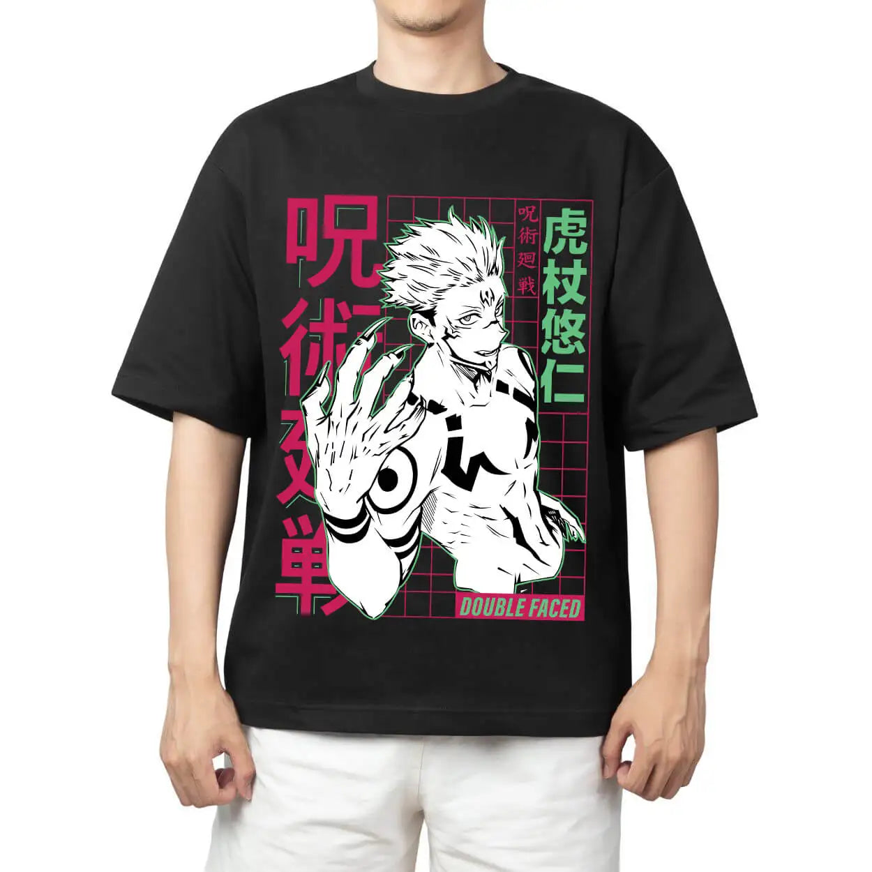 Here at Everythinganimee we have the best anime shirts in the world.
Embrace the power of Sukuna with the Double Faced Tee from Jujutsu Kaisen. This bold design features the fierce, cursed energy of Ryomen Sukuna, showcasing his iconic menacing look with sharp colors and striking details.