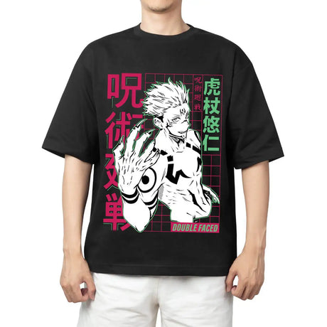Here at Everythinganimee we have the best anime shirts in the world.
Embrace the power of Sukuna with the Double Faced Tee from Jujutsu Kaisen. This bold design features the fierce, cursed energy of Ryomen Sukuna, showcasing his iconic menacing look with sharp colors and striking details.
