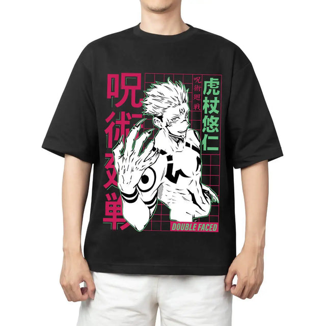 Here at Everythinganimee we have the best anime shirts in the world.
Embrace the power of Sukuna with the Double Faced Tee from Jujutsu Kaisen. This bold design features the fierce, cursed energy of Ryomen Sukuna, showcasing his iconic menacing look with sharp colors and striking details.
