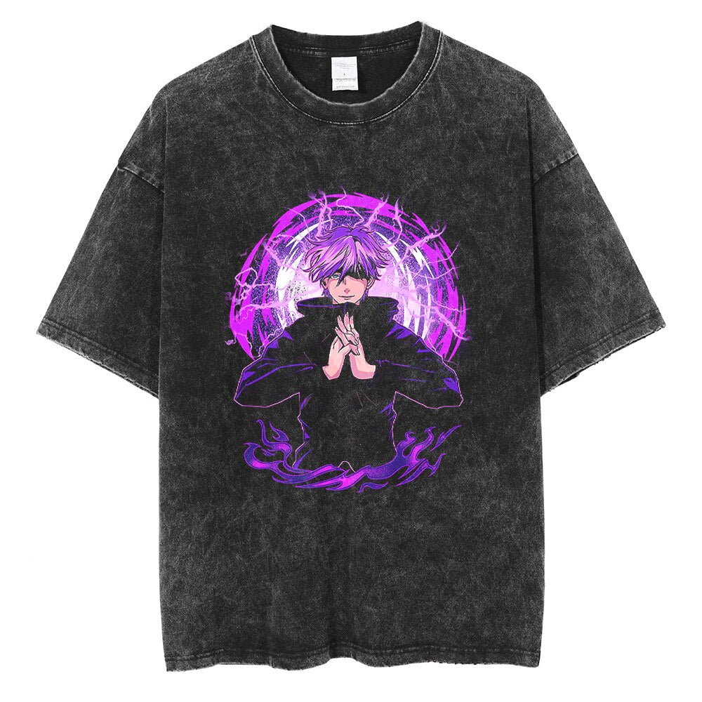 Anime Jujutsu Kaisen Washed Black Tshirt Men Streetwear Hip Hop Graphic T-Shirts Harajuku Summer Casual 100% Cotton Tops Tees, everythinganimee