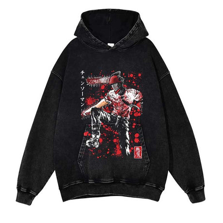 Chainsaw Man Washed Black Streetwear Cotton Vintage Hoodie