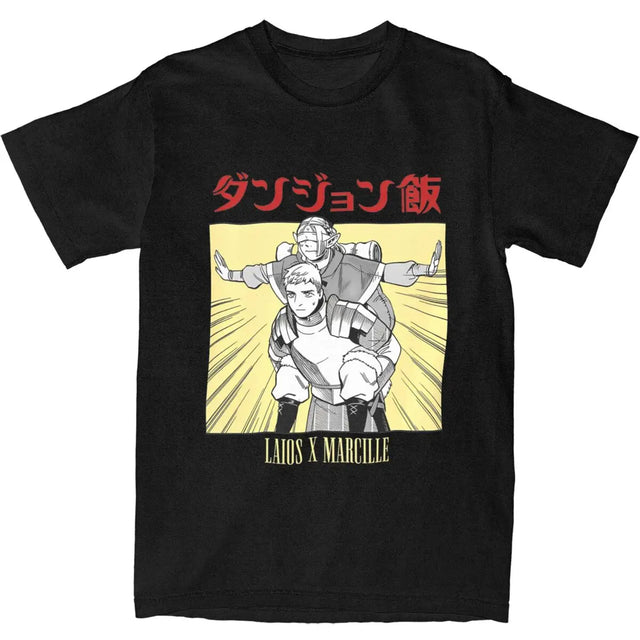 Here at Everythinganimee we only have the best shirts in the world! Celebrate the adventurous bond of Laios and Marcille from Delicious in Dungeon with this dynamic tee! Featuring a bold and playful design, this shirt captures the heartwarming relationship between these two beloved characters.