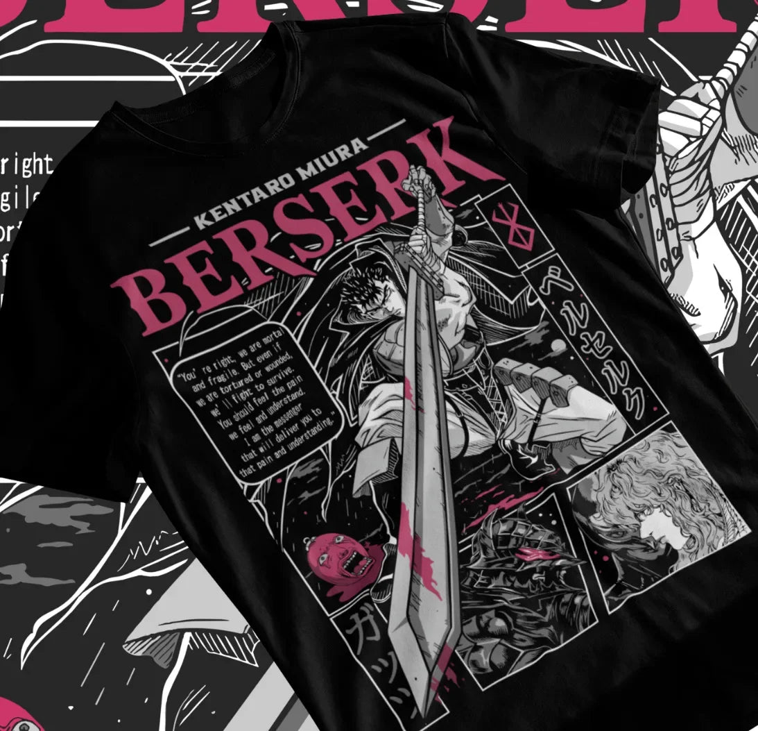 Here at Everythinganimee we have the best anime shirts in the world.
Embody the fierce and relentless spirit of Guts with this Berserk tee! Showcasing Guts in his iconic Berserk Armor, this shirt captures the brutal and raw intensity that defines Kentaro Miura’s masterpiece.