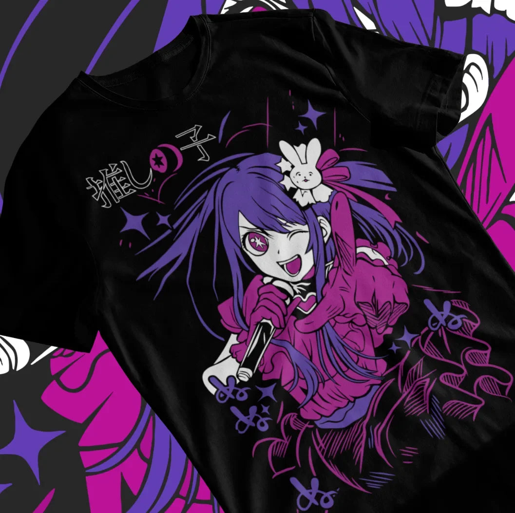 Here at Everythinganimee we only have the best shirts in the world! Show your love for the iconic Ai Hoshino from "Oshi No Ko" with this vibrant and stylish t-shirt.