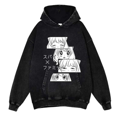 Spy X Family Washed Black Streetwear Cotton Vintage Hoodie