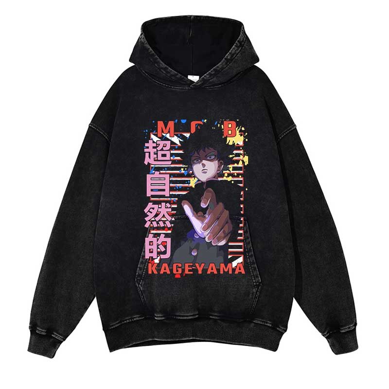 Mob Psycho 100 Washed Black Streetwear Cotton Vintage Hoodie