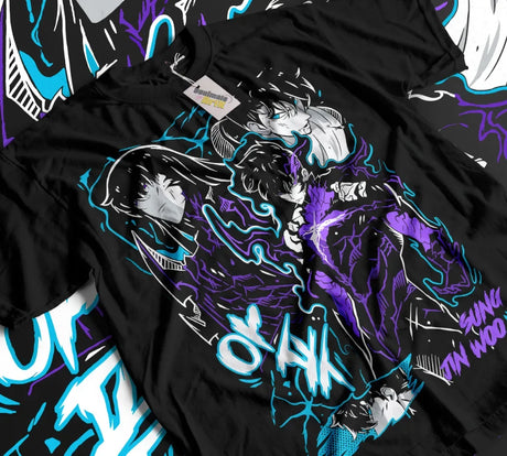 Here at Everythinganimee we only have the best shirts in the world! Dive into the world of Solo Leveling with this electrifying Jin Woo shirt, capturing the essence of the Shadow Monarch himself. The shirt features a stunning design with Jin Woo in his most iconic poses, surrounded by dynamic blue and purple energy bursts that showcase his power and relentless spirit.