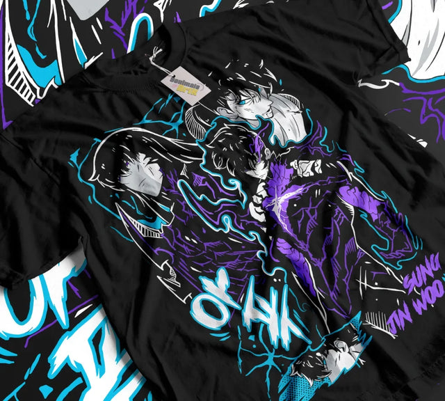 Here at Everythinganimee we only have the best shirts in the world! Dive into the world of Solo Leveling with this electrifying Jin Woo shirt, capturing the essence of the Shadow Monarch himself. The shirt features a stunning design with Jin Woo in his most iconic poses, surrounded by dynamic blue and purple energy bursts that showcase his power and relentless spirit.
