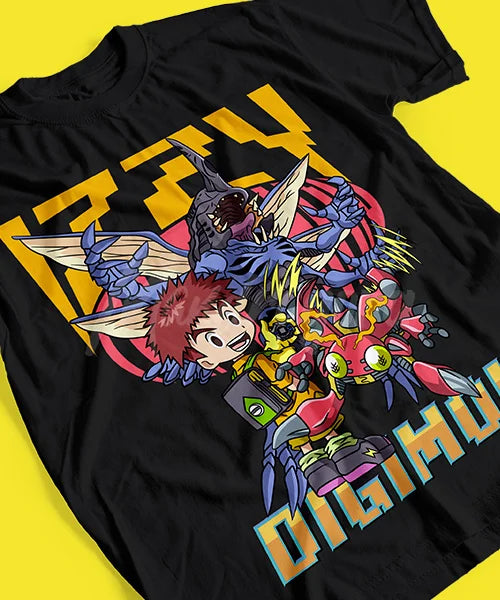 Here at Everythinganimee we have the best anime shirts in the world.
Dive into the digital world with this energetic Izzy and Digimon duo design! Featuring bold, colorful artwork, this tee showcases Izzy and his Digimon partners ready for battle.