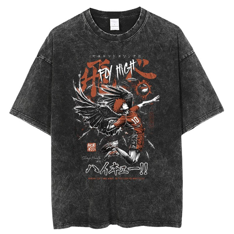 Anime Haikyuu Acid Washed Cotton T-shirts Vintage Black Men's Clothing Hip Hop Streetwear Harajuku Shirts Unisex Tops Tees, everythinganimee