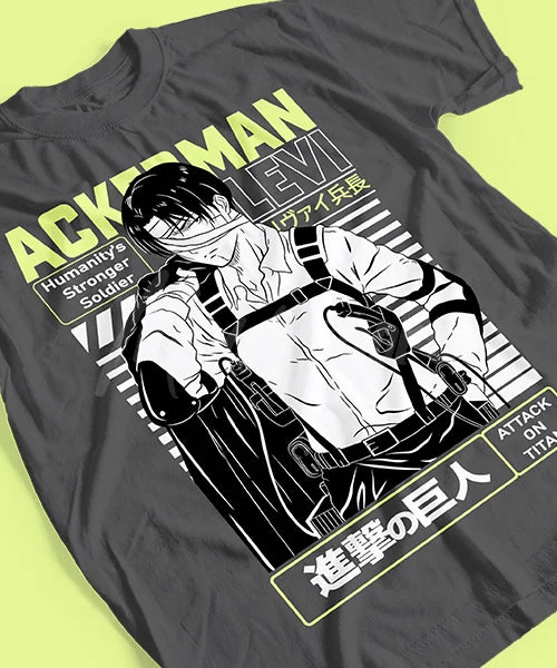Here at Everythinganimee we have the best anime shirts in the world. 
Stand tall with humanity’s strongest soldier by your side in the Levi Ackerman Soldier Tee from Attack on Titan.