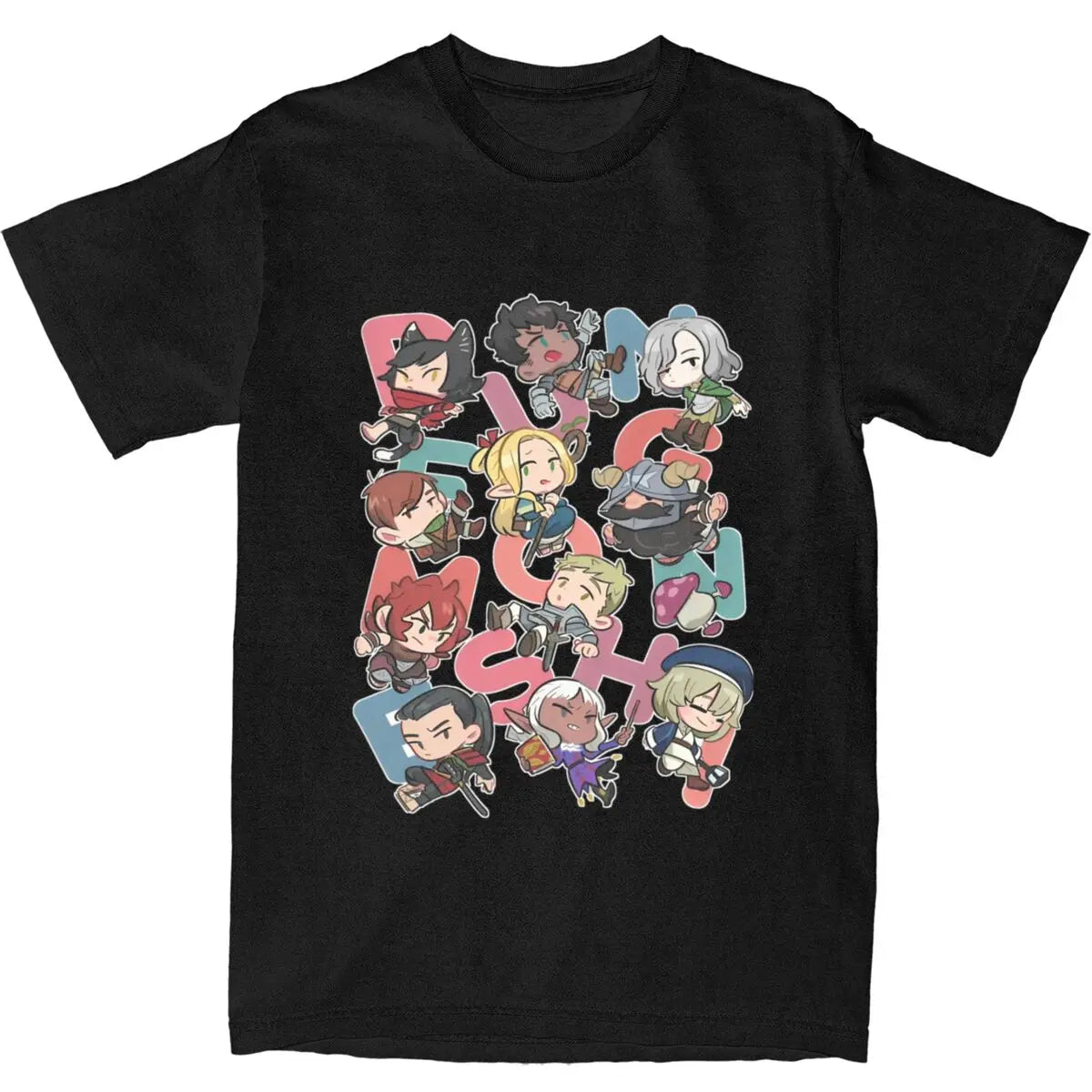 Here at Everythinganimee we only have the best shirts in the world! Show off your love for Delicious in the Dungeon with the Dungeon Crew Chibi Tee! Featuring all your favorite characters in a cute, chibi-style design, this shirt bursts with fun and personality. Each character is brought to life with vibrant colors and adorable expressions,