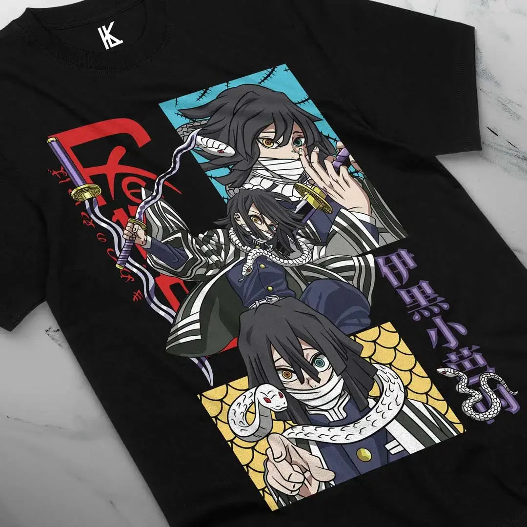 Here at Everythinganimee we have the best anime shirts in the world.
Celebrate the enigmatic power of Obanai Iguro with this Demon Slayer tee. Featuring the skilled Serpent Hashira in action, this shirt showcases his mysterious and fierce persona, making it a perfect pick for fans of the series.