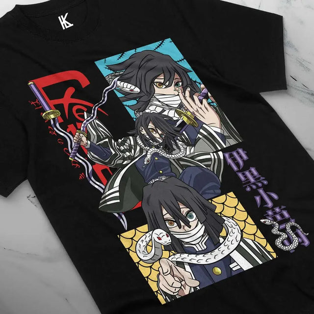 Here at Everythinganimee we have the best anime shirts in the world.
Celebrate the enigmatic power of Obanai Iguro with this Demon Slayer tee. Featuring the skilled Serpent Hashira in action, this shirt showcases his mysterious and fierce persona, making it a perfect pick for fans of the series.