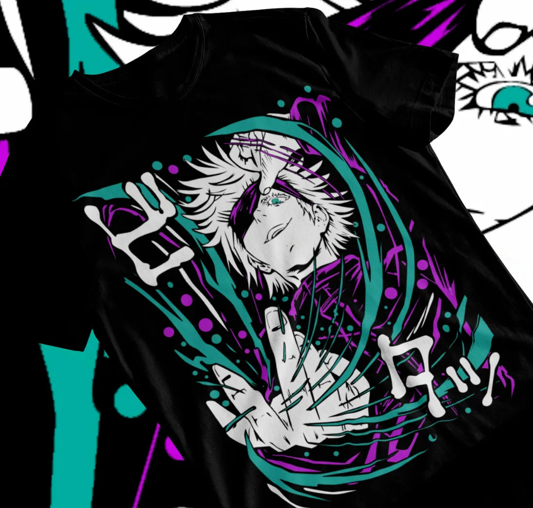 Here at Everythinganimee we only have the best shirts in the world! Step into the world of Jujutsu Kaisen with the Limitless Gojo Tee, featuring a mesmerizing design of the fan-favorite sorcerer, Satoru Gojo. This shirt captures his powerful and confident aura, making it a must-have for every anime enthusiast.