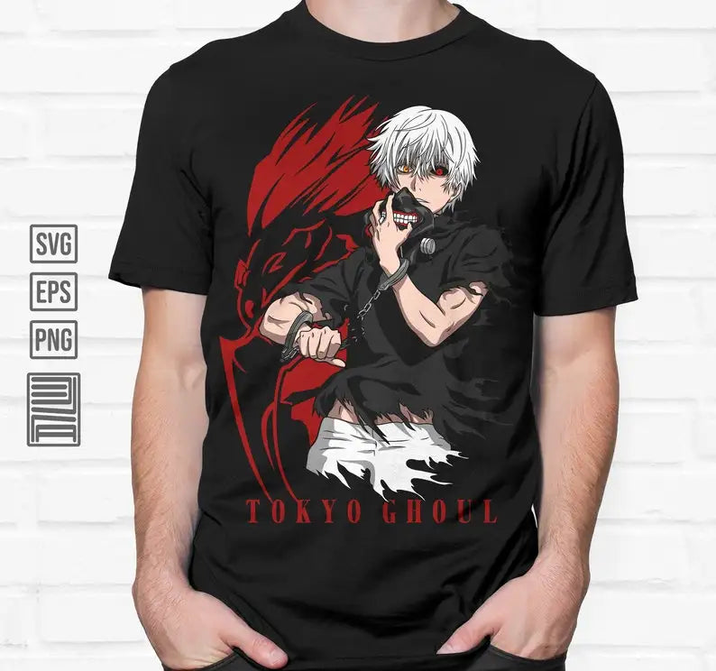 Here at Everythinganimee we have the best anime shirts in the world.
Channel the dark, intense world of Tokyo Ghoul with this bold tee featuring Kaneki in his ghoul form. The design captures his raw strength and transformation, making it a must-have for Tokyo Ghoul fans.