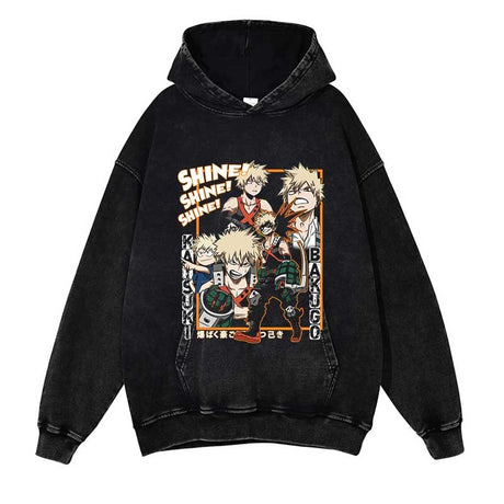 My Hero Academia Washed Black Streetwear Cotton Vintage Hoodie