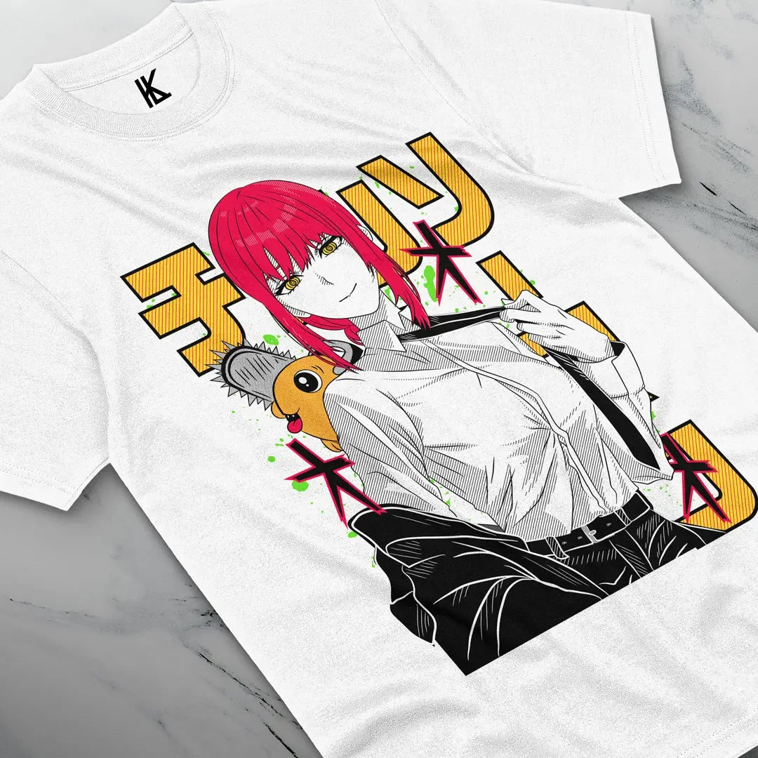 Here at Everythinganimee we have the best anime shirts in the world.
Dive into the world of Chainsaw Man with this stylish Makima tee. Featuring Makima in her signature pose with bold, vibrant colors, this shirt captures the essence of her enigmatic character.