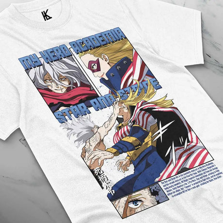 Here at Everythinganimee we have the best anime shirts in the world.
Embrace the intense showdown of Star and Stripe with this epic tee. Showcasing the fearless hero against a formidable opponent, this shirt captures a dynamic and thrilling scene from the My Hero Academia universe.