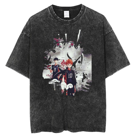 Anime Haikyuu Acid Washed Cotton T-shirts Vintage Black Men's Clothing Hip Hop Streetwear Harajuku Shirts Unisex Tops Tees, everythinganimee