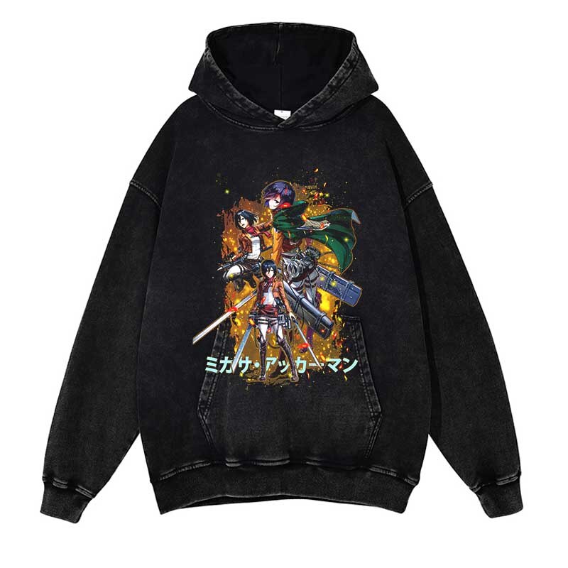 Attack on Titan Washed Black Streetwear Cotton Vintage Hoodie