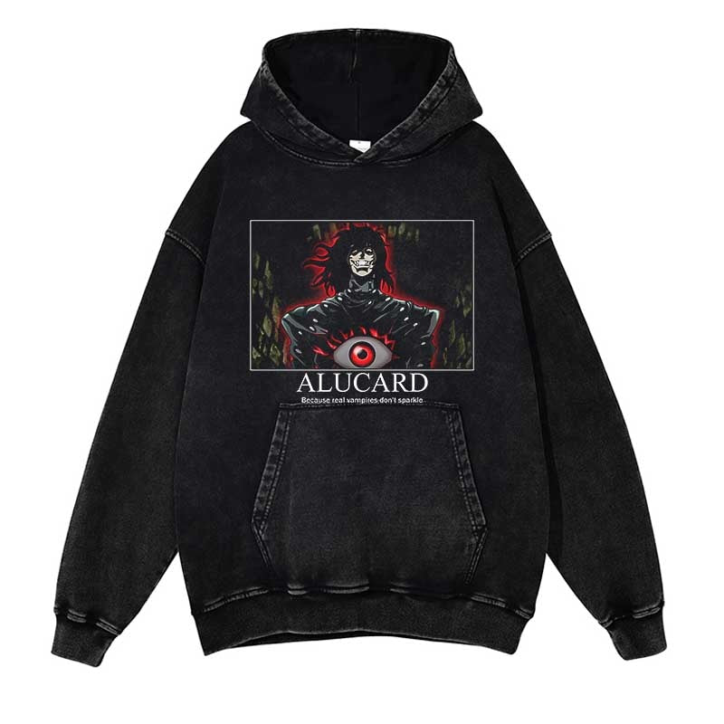 Hellsing Washed Black Streetwear Cotton Vintage Hoodie