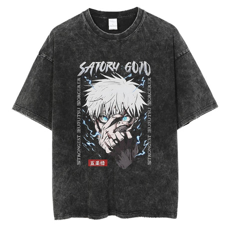 Anime Jujutsu Kaisen Washed Black Tshirt Men Streetwear Hip Hop Graphic T-Shirts Harajuku Summer Casual 100% Cotton Tops Tees, everythinganimee