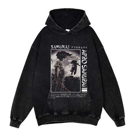 Afro Samurai Washed Black Streetwear Vintage Hoodie