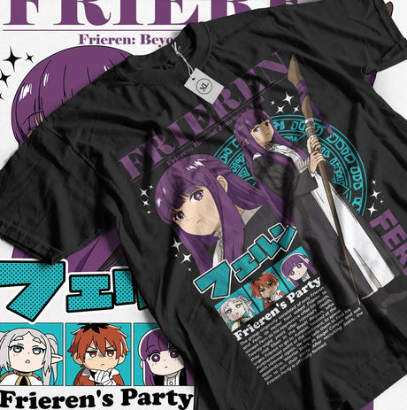 Here at Everythinganimee we have the best anime shirts in the world. Embark on an adventure with this epic Frieren's Party shirt from the anime Frieren: Beyond Journey's End.