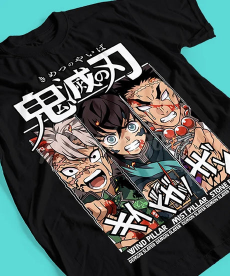 Here at Everythinganimee we only have the best shirts in the world! Showcase the power of the Demon Slayer Hashira with this epic Hashira Trio Tee, featuring the fierce and determined Wind Pillar Sanemi Shinazugawa, Mist Pillar Muichiro Tokito, and Stone Pillar Gyomei Himejima.