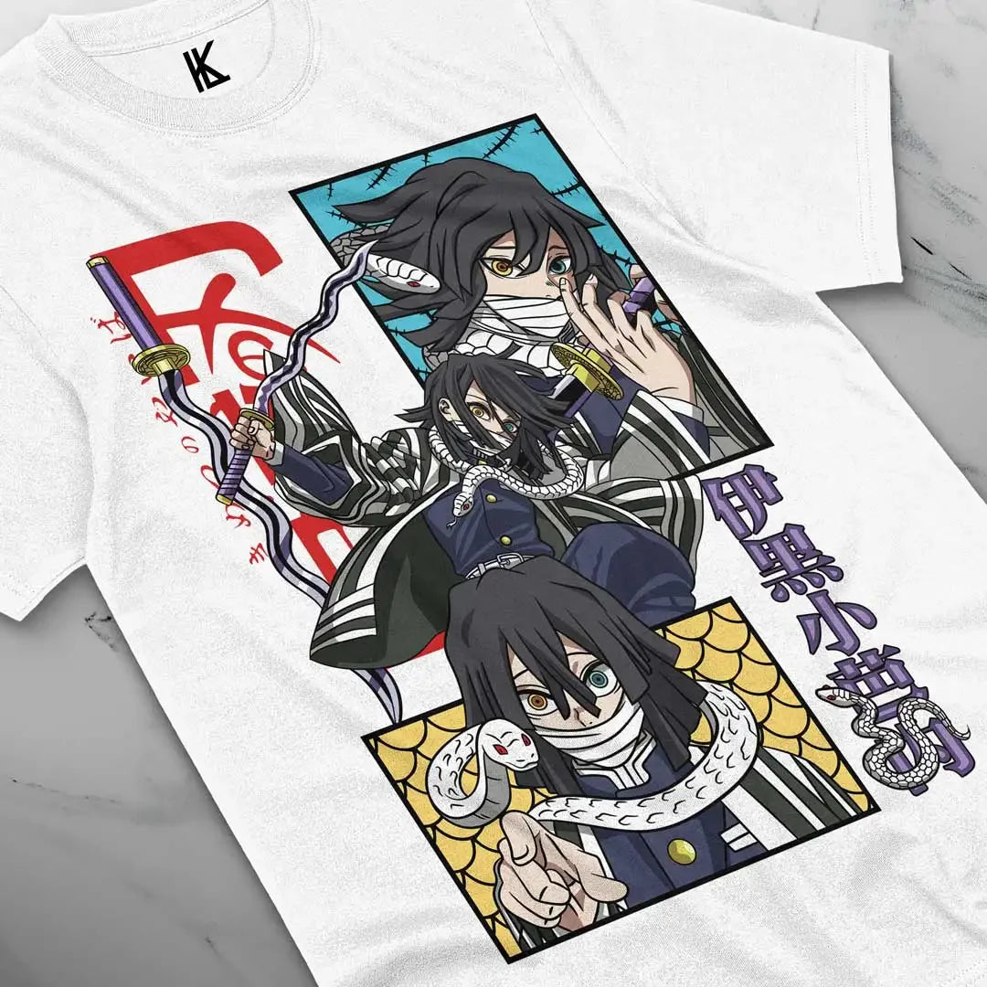 Here at Everythinganimee we have the best anime shirts in the world.
Celebrate the enigmatic power of Obanai Iguro with this Demon Slayer tee. Featuring the skilled Serpent Hashira in action, this shirt showcases his mysterious and fierce persona, making it a perfect pick for fans of the series.