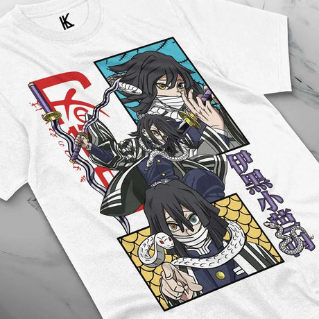 Here at Everythinganimee we have the best anime shirts in the world.
Celebrate the enigmatic power of Obanai Iguro with this Demon Slayer tee. Featuring the skilled Serpent Hashira in action, this shirt showcases his mysterious and fierce persona, making it a perfect pick for fans of the series.
