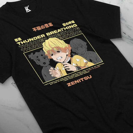 Here at Everythinganimee we have the best anime shirts in the world.
Unleash your inner slayer with this Zenitsu-inspired tee, showcasing his intense Thunder Breathing technique. Perfect for fans of Demon Slayer who admire Zenitsu’s electrifying moments.