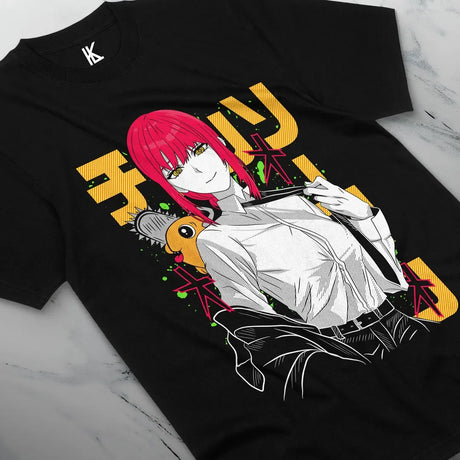 Here at Everythinganimee we have the best anime shirts in the world.
Dive into the world of Chainsaw Man with this stylish Makima tee. Featuring Makima in her signature pose with bold, vibrant colors, this shirt captures the essence of her enigmatic character.