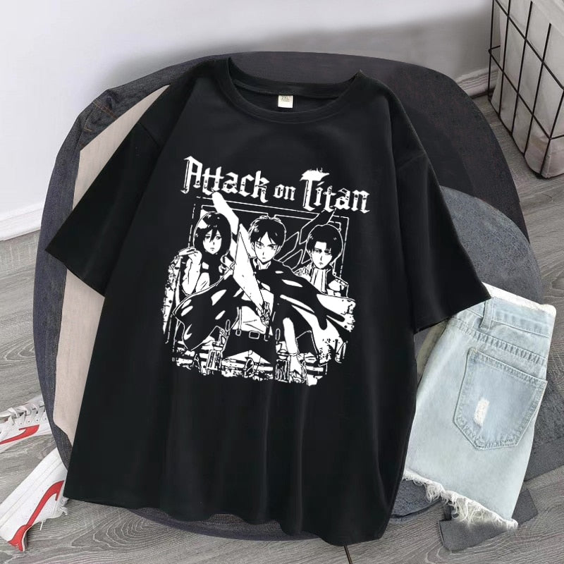 This shirts captures the magic of AOT Trio Tee. If you're looking for more Attack on Titan merch, we have it all! Check out our anime merch now—free shipping!